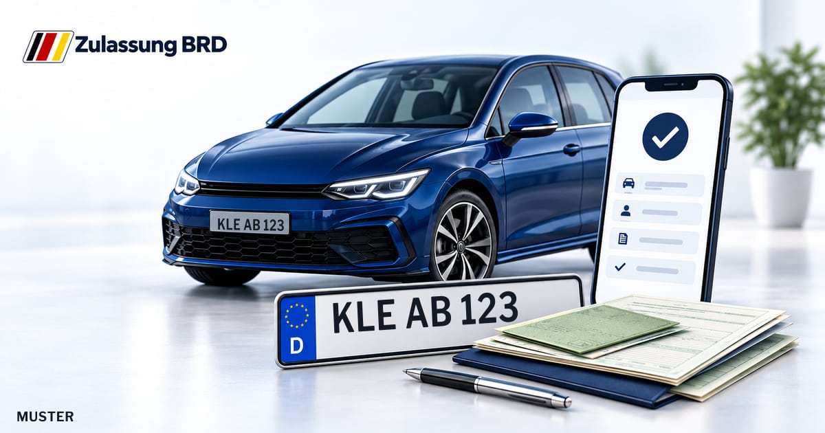 Online Fahrzeugzulassung in Kleve: Musterkennzeichen KLE AB 123, Auto und Fahrzeugpapiere und Smartphone. Illustration mit Logo von Zulassung BRD.